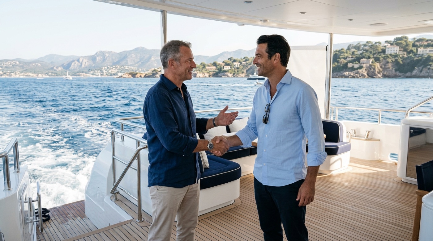 A yacht broker and a buyer shaking hands on the aft deck during a sea trial
