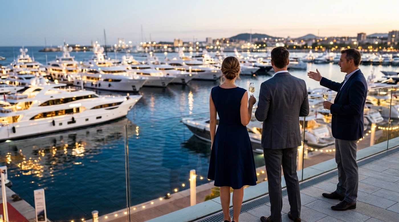 A yacht broker and a client couple on a waterfront terrace at dusk, overlooking illuminated superyachts at a boat show marina