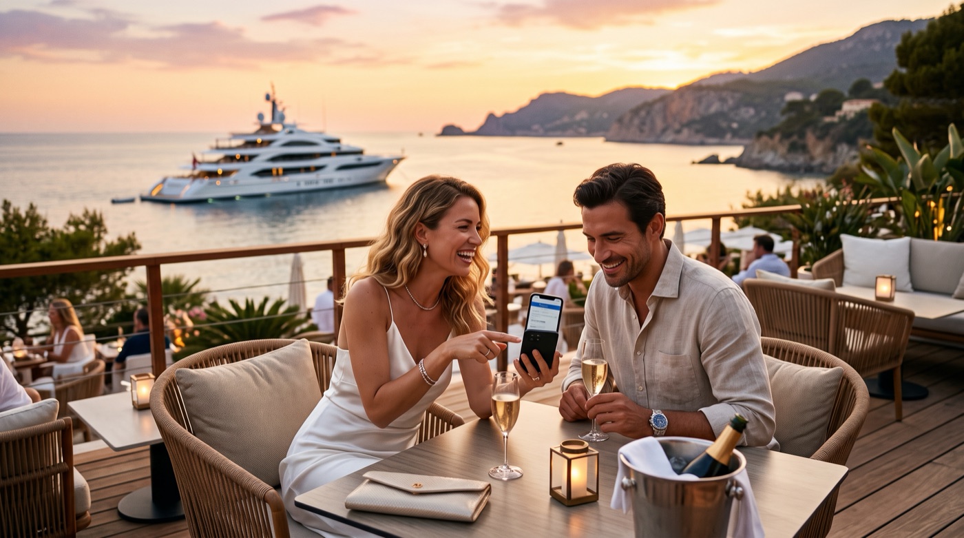 A couple at a sunset beach club booking a superyacht last minute on a phone, the yacht anchored in the bay