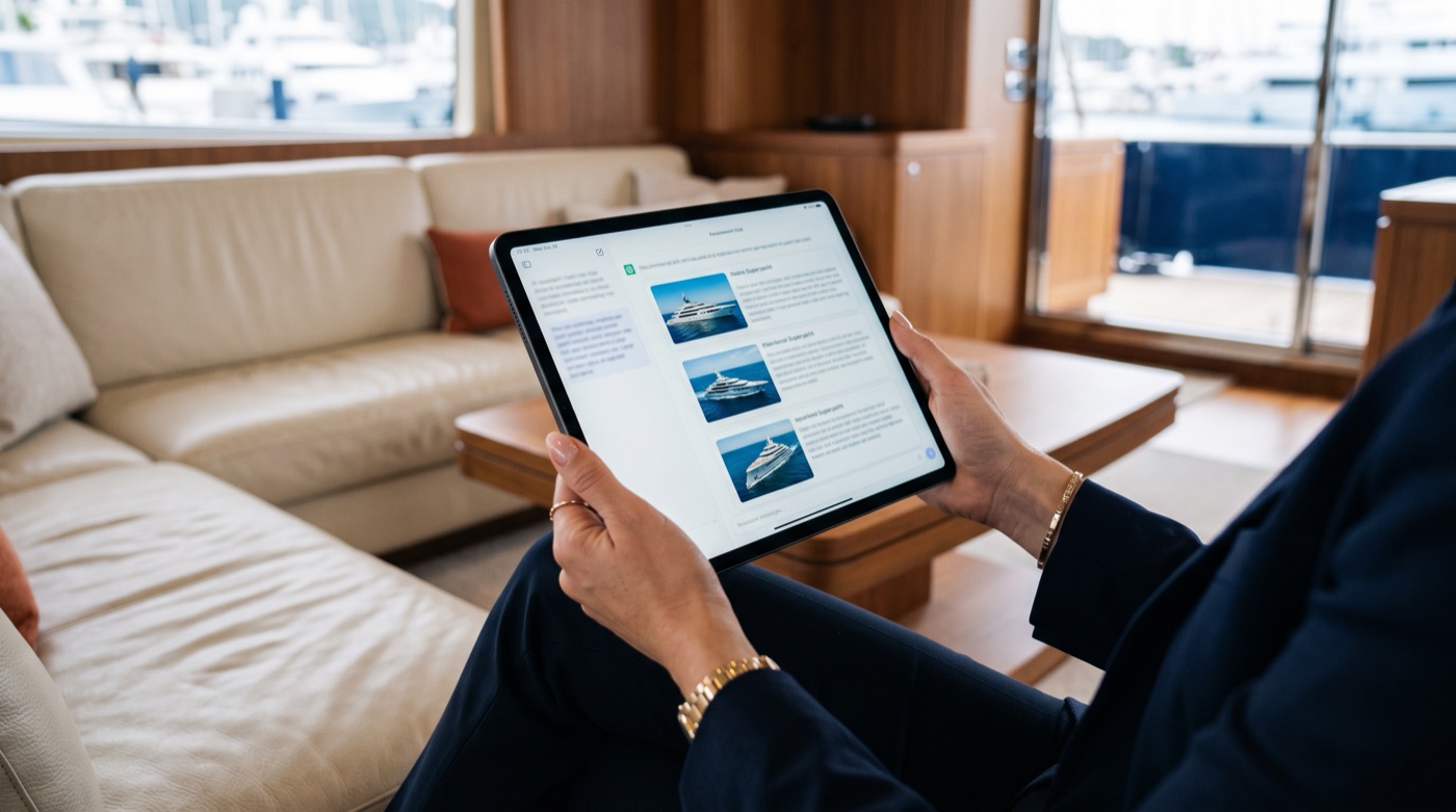 Comparing recommended yachts with an AI assistant on a tablet in a yacht salon