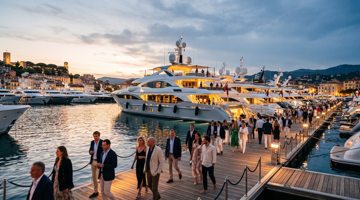 Visitors strolling the docks of a yacht show at dusk past illuminated superyachts