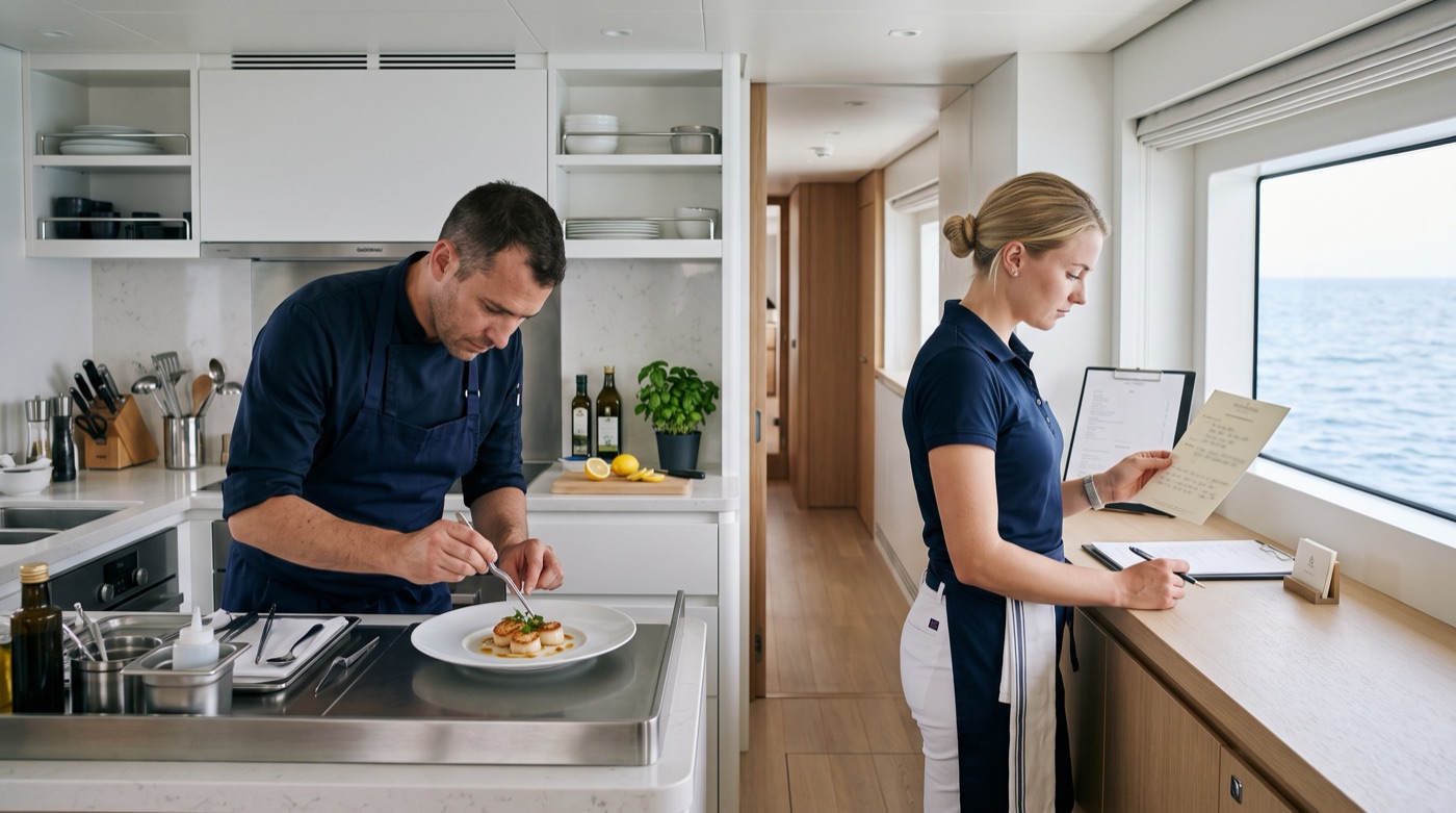 A yacht chef plating a dish while a stewardess checks a guest preference card