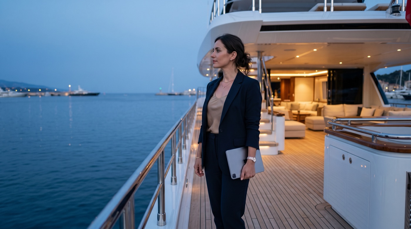 A charter broker on a teak deck at blue hour, looking out to sea