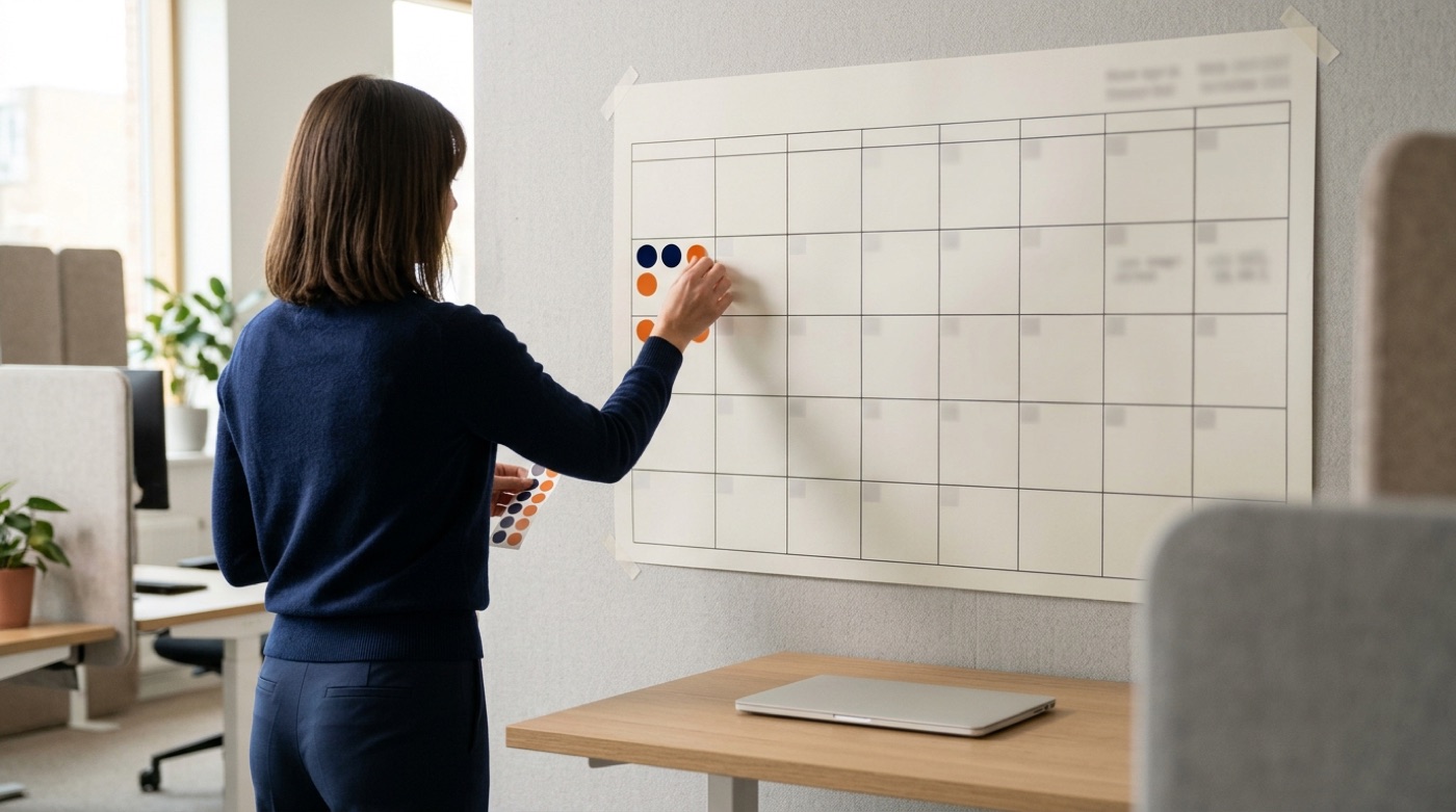 A product manager placing colored dots on a yearly planner on the office wall to mark key platform deadlines