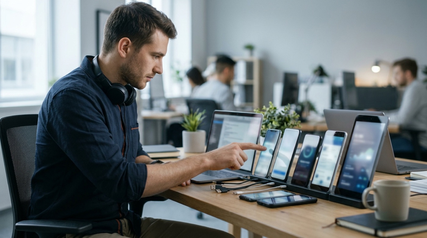 An engineer at a desk testing a row of phones and tablets of different sizes lined up on the table