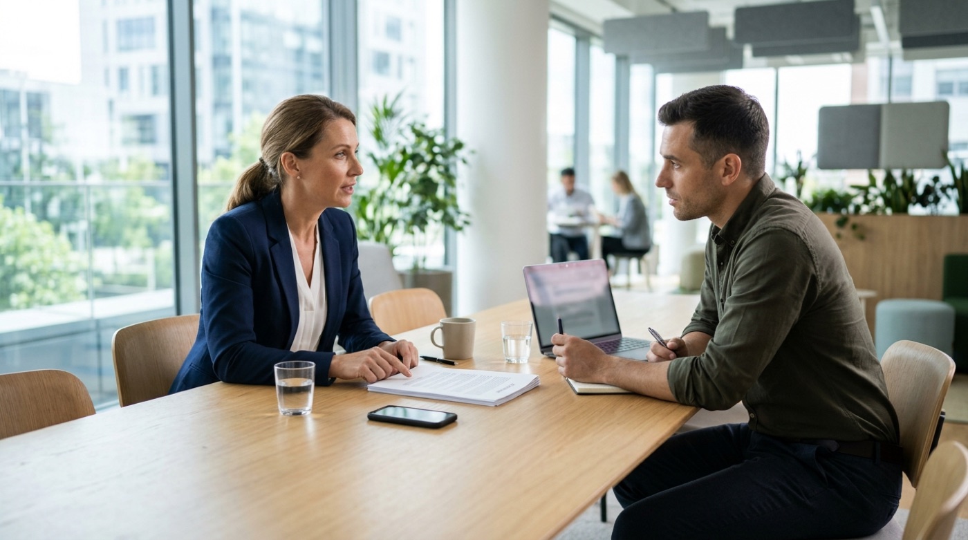 A business owner and a development team representative sitting in a meeting room with contract documents and a phone on the table, discussing terms