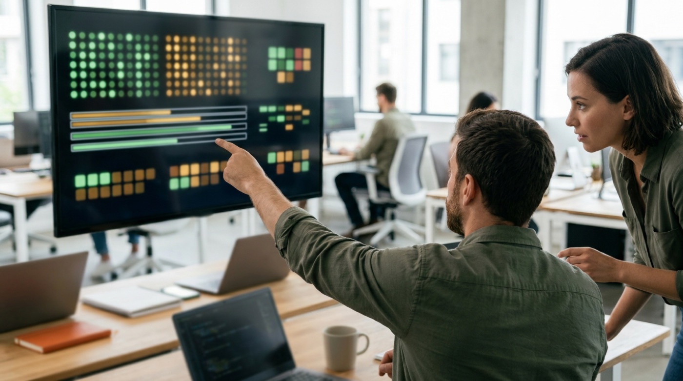 A developer pointing at automated check results on a monitor, discussing next steps with a colleague