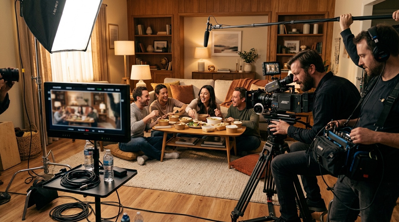 A film crew shooting an everyday scene of friends sharing food in a living room