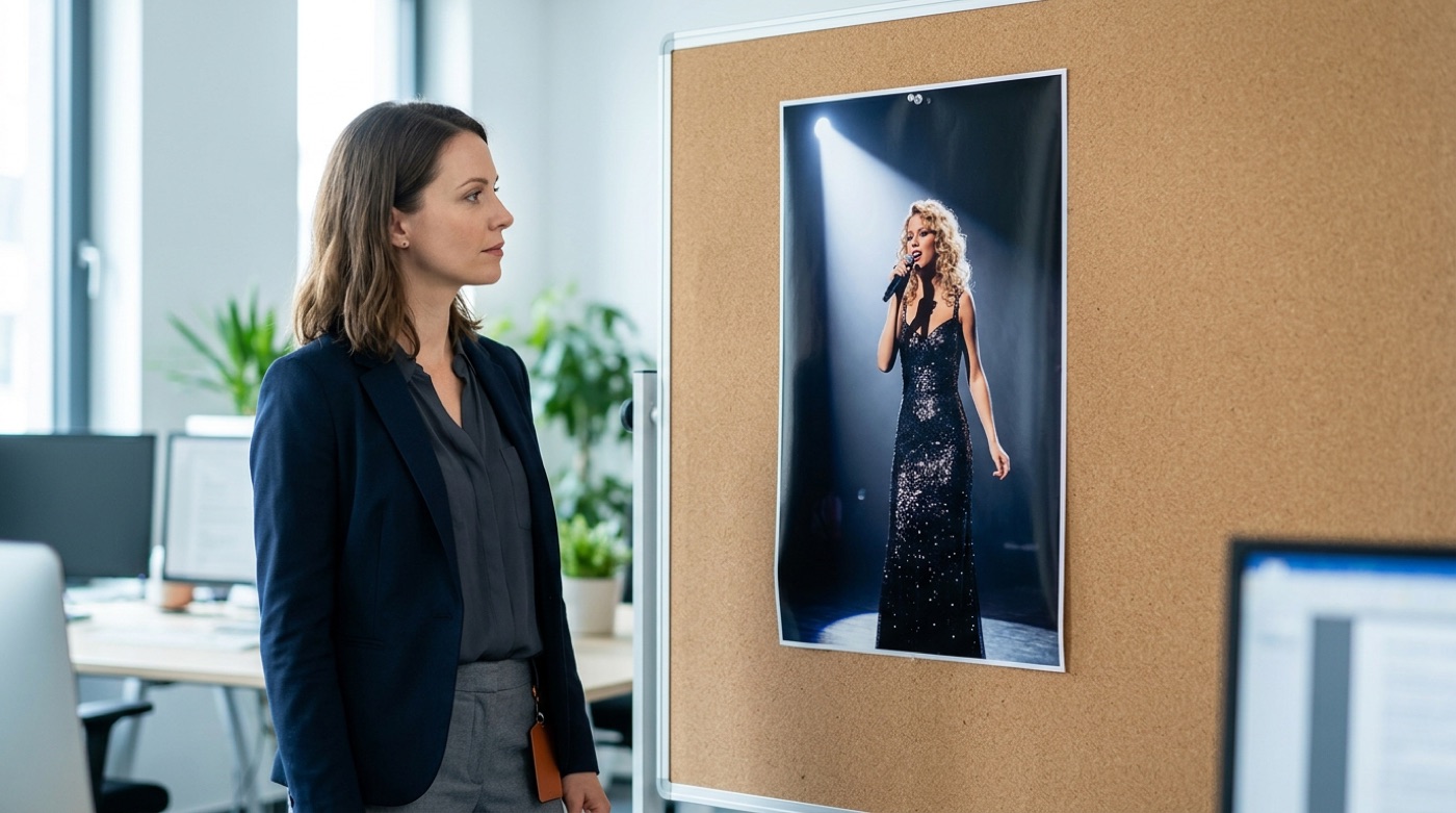 A marketing director looking at a lone celebrity poster on an empty board