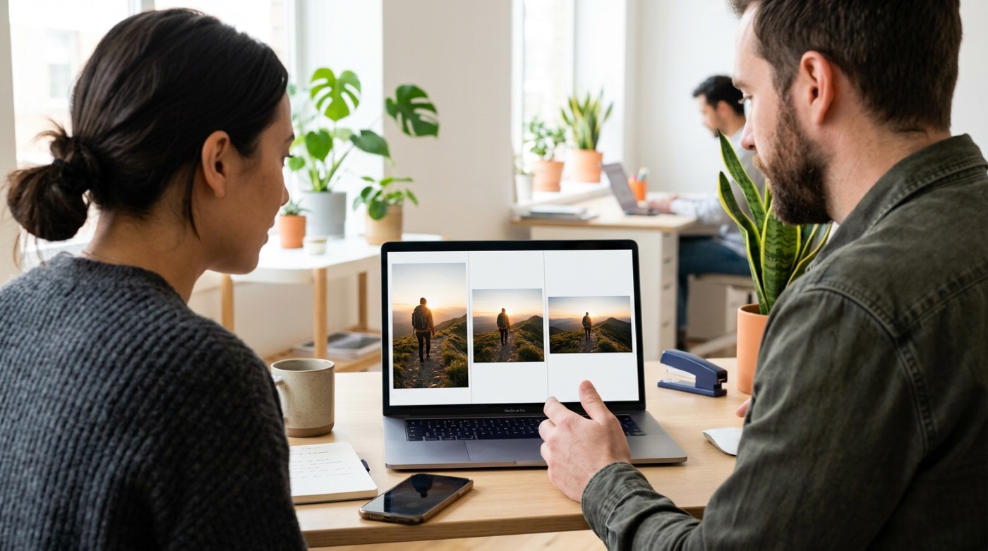 A small-business owner and a designer seeing one image resized for different platforms