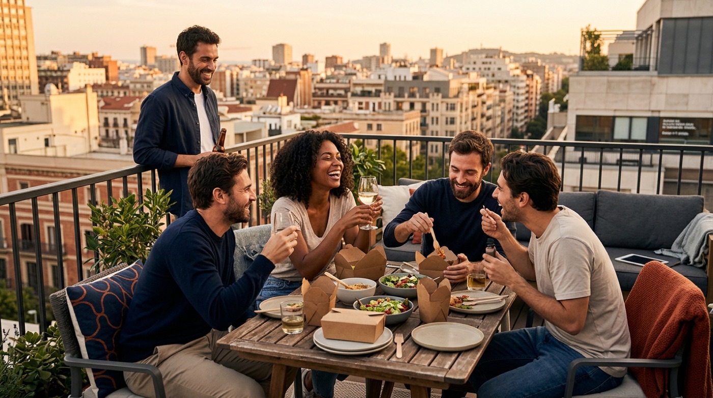 Friends lingering over shared food on a balcony at sunset