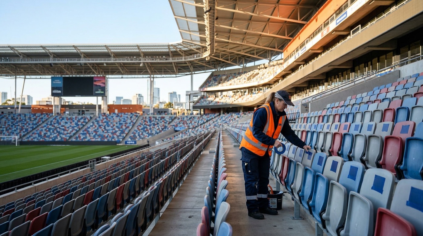 A stadium worker covers the brand name on rows of seat backs with small squares of blue tape