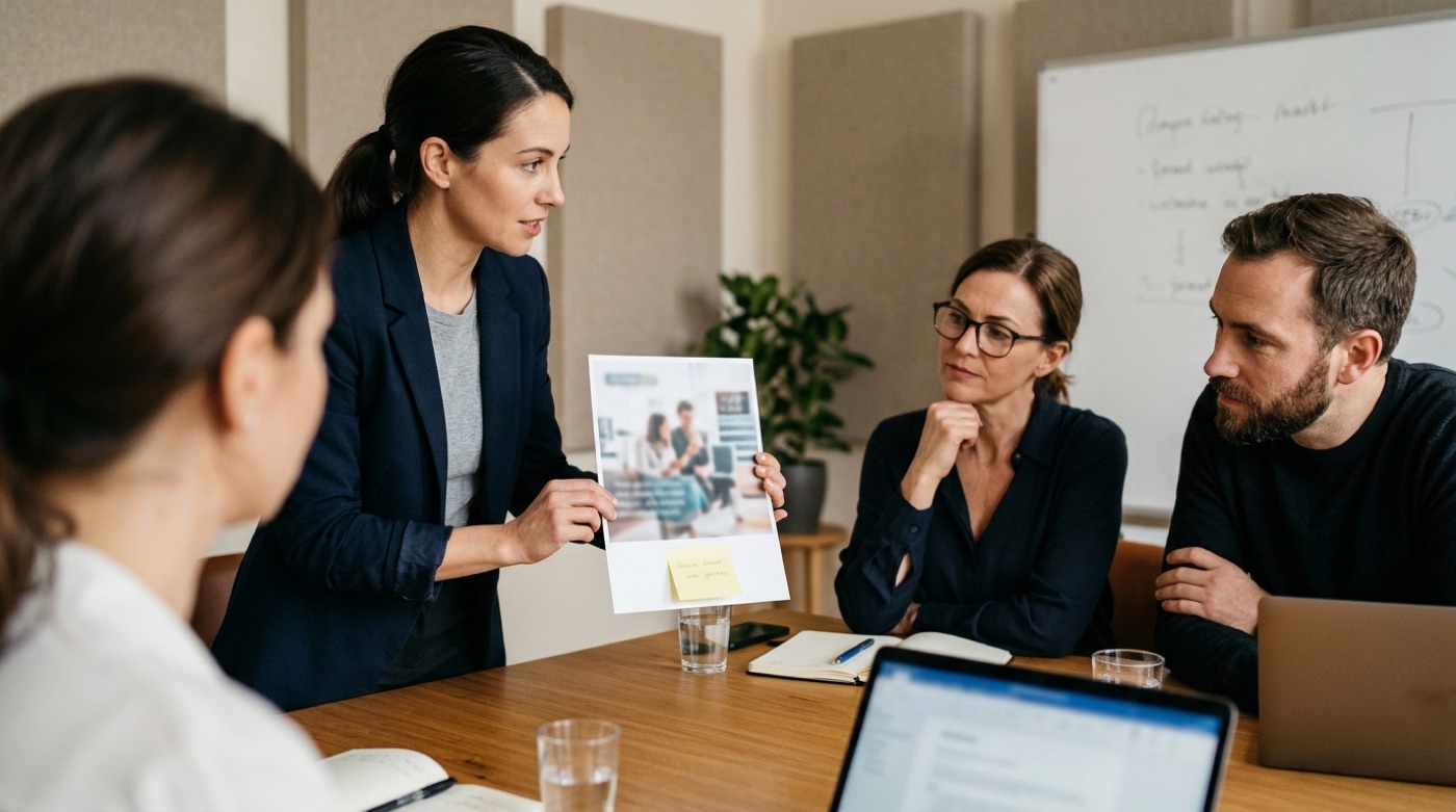 A researcher shows a print ad with its logo covered by a sticky note to focus group participants