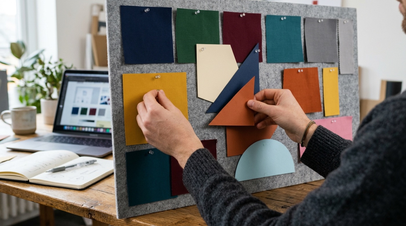 A designer pins solid colour swatches and bold geometric shapes onto a brand board