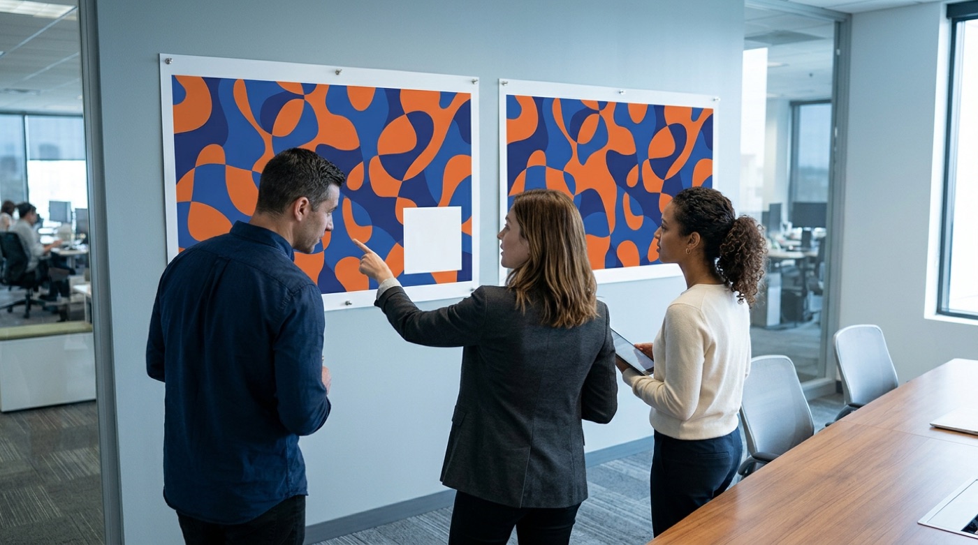 A marketing team compares two billboard proofs on a meeting room wall, one with a space for the logo and one without