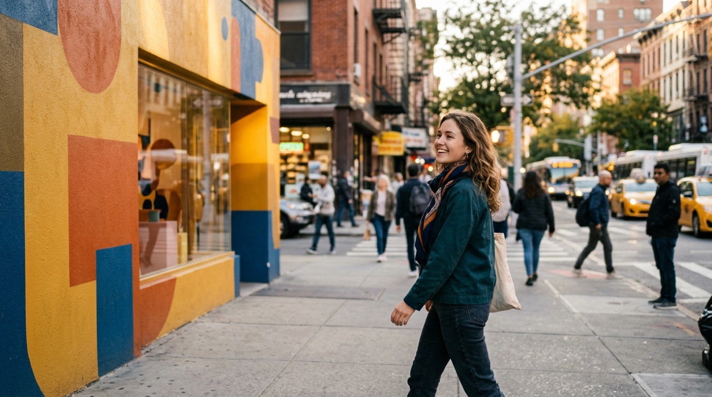 A woman on a city street smiles as she recognises a shop front by its colours and shapes alone