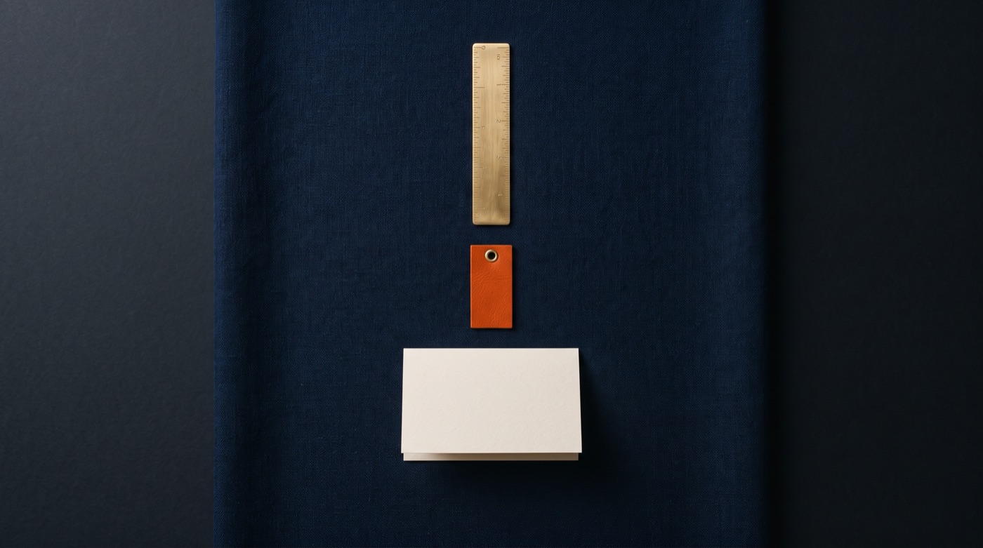 A brass ruler, an orange tag and a white card neatly aligned on navy fabric