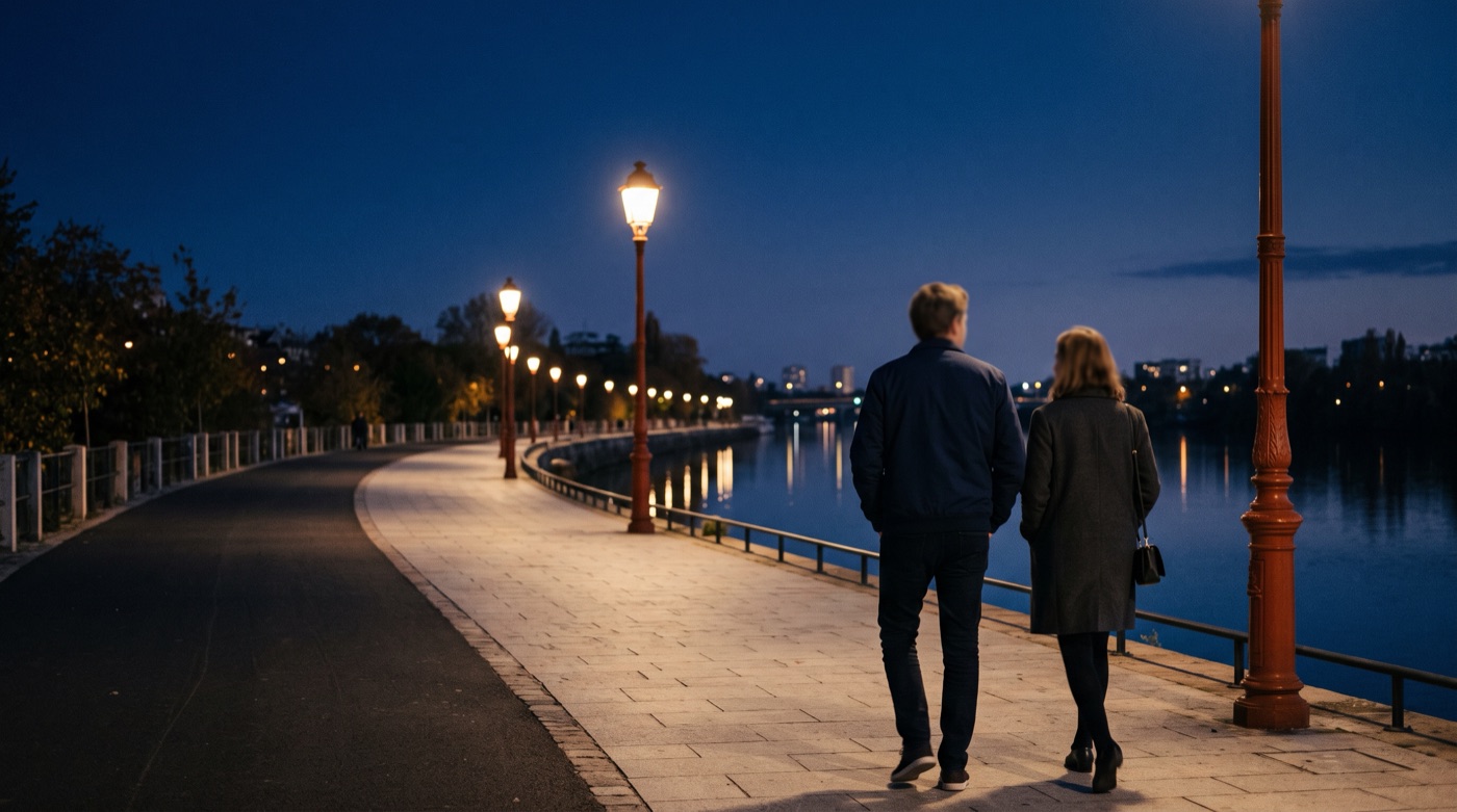 Two people walking and talking along a riverside promenade at blue hour