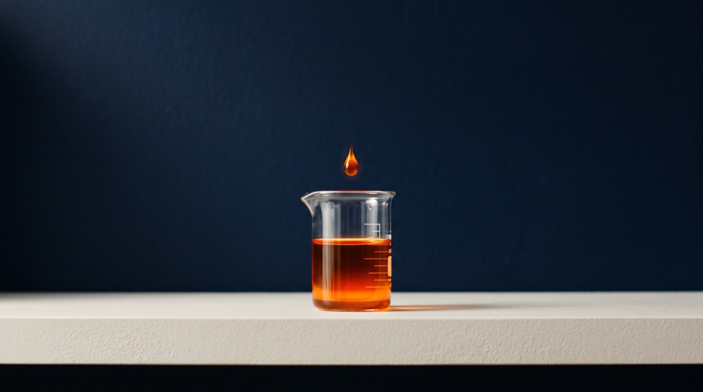 A beaker of orange liquid on a white shelf against a navy wall, a drop about to fall