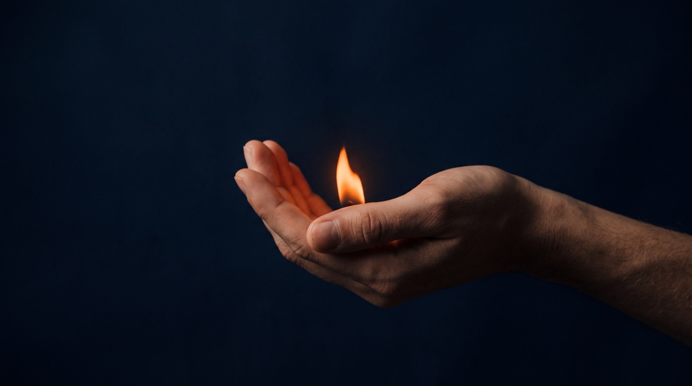 A hand gently cradling a small orange flame against a dark background