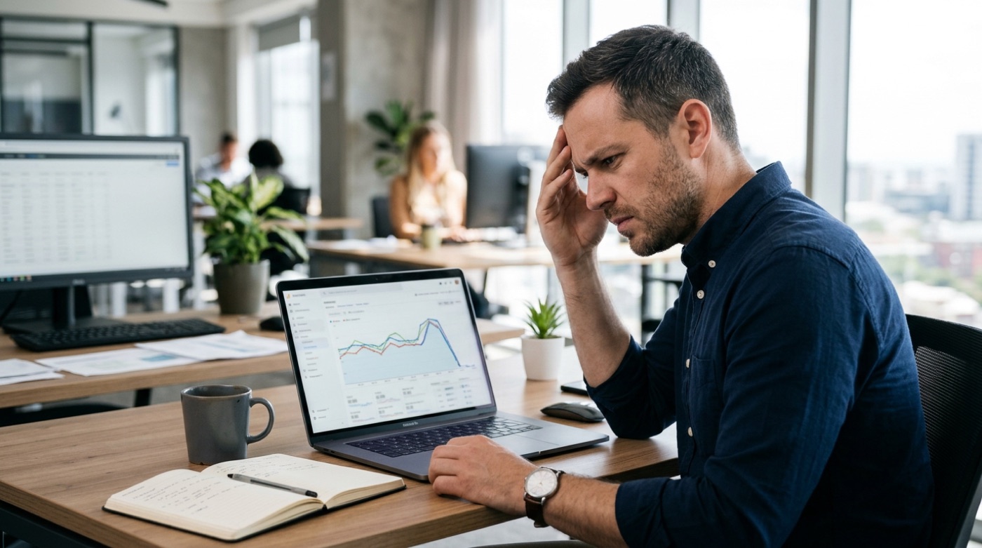 A digital marketing manager frowning at a laptop where a website traffic chart shows a sudden steep drop