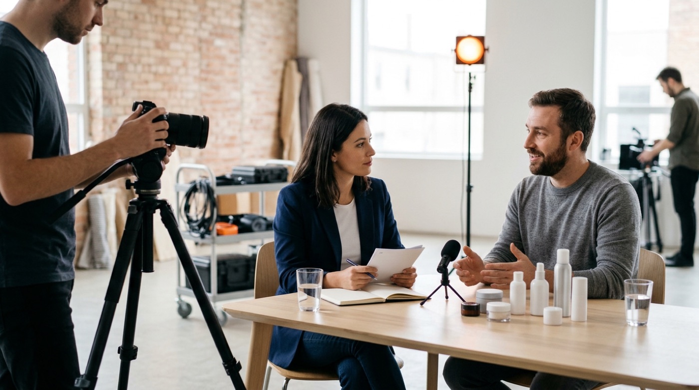 A brand manager interviewing a product expert at a studio table with product samples while a colleague films on a tripod