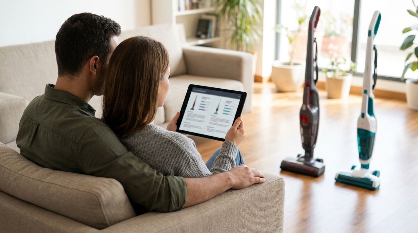 A couple in their living room comparing reviews of two vacuum cleaners on a tablet, screen text blurred