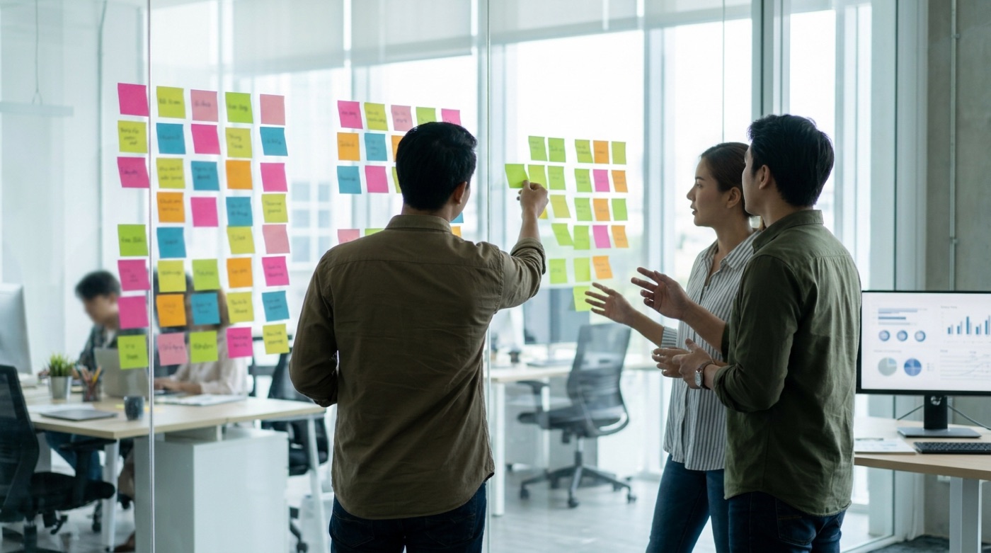 A brand marketing team in a meeting room with customer interview sticky notes covering a wall, discussing reasons to buy, handwriting blurred