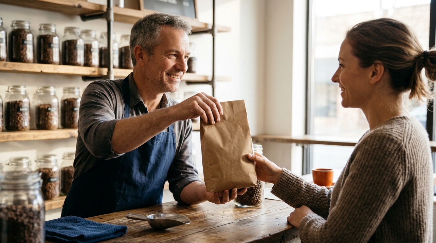 A coffee shop owner warmly introducing new beans to a regular customer at the counter, sunlight through the window