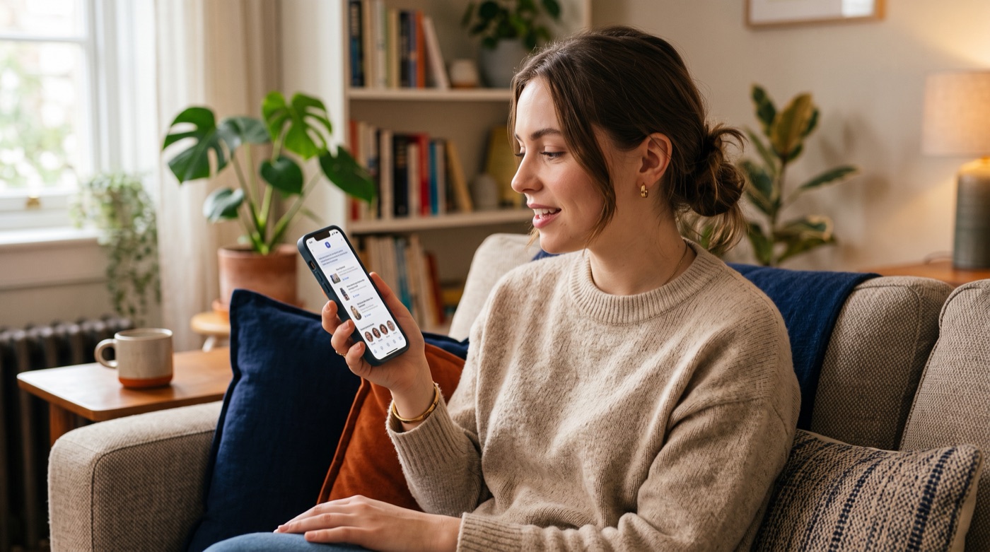 A young woman on a sofa asking an AI assistant for product recommendations on her phone, with results and creator review thumbnails on screen