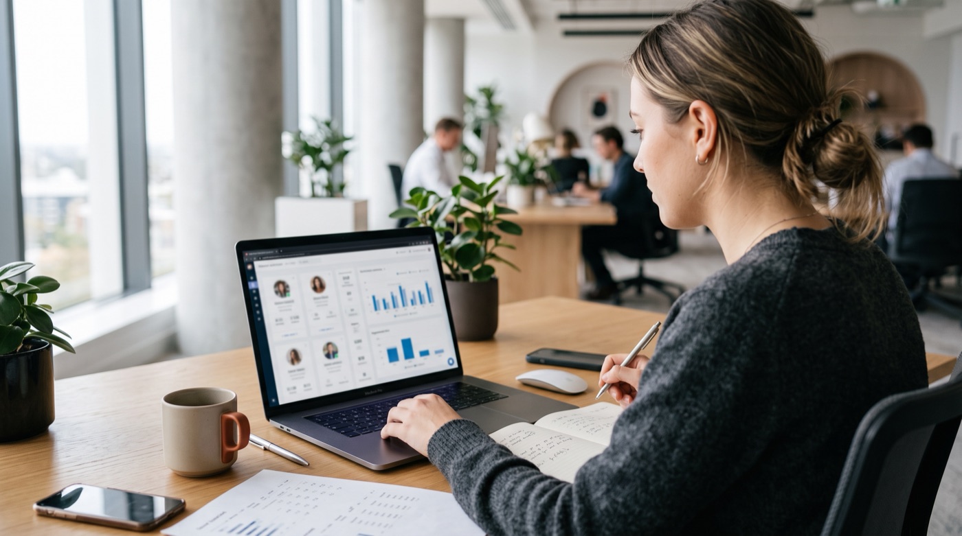 A marketer comparing several creator profiles and engagement metrics on a laptop, with notes and coffee on the desk