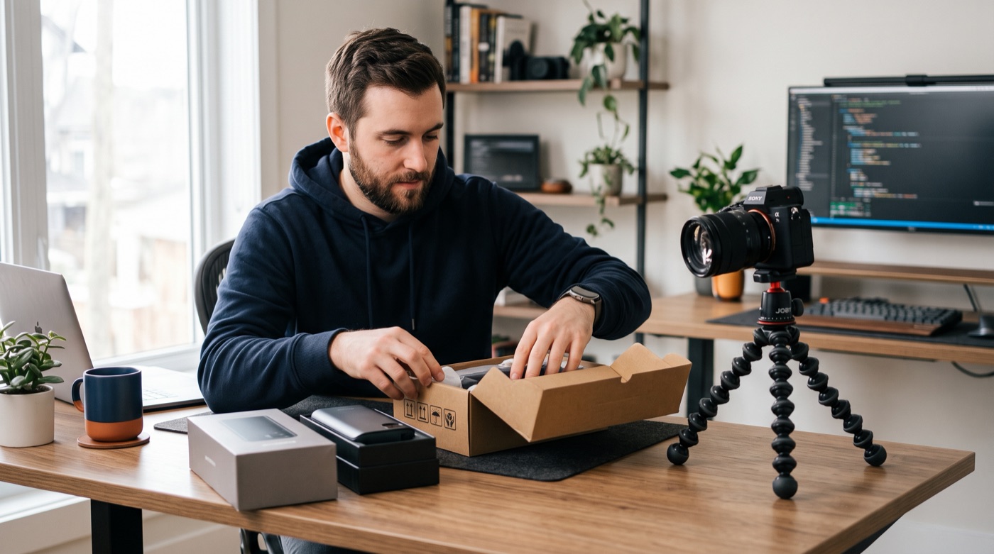 A creator filming an unboxing review at a home desk, with two products on the table and a camera on a tripod