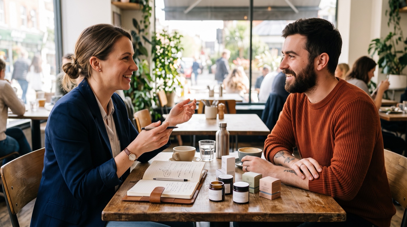 A brand manager and a creator talking face to face in a cafe, with product samples and a notebook on the table
