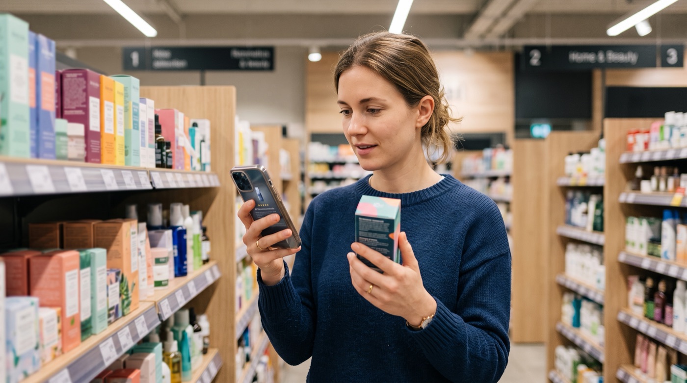 A shopper in a store holding a phone, comparing an AI recommendation with products on the shelf before choosing