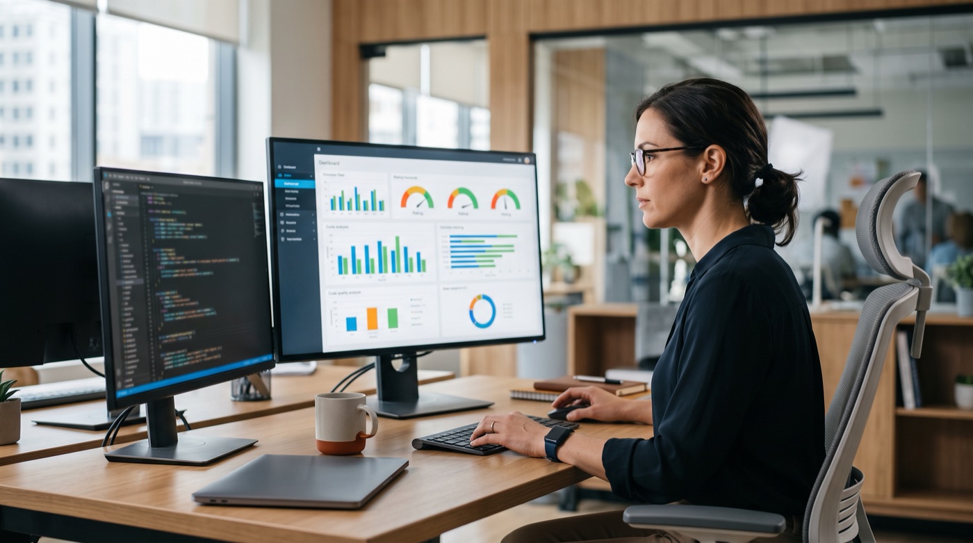 A software quality analyst at her desk studying a code quality dashboard, with code on the screen beside it