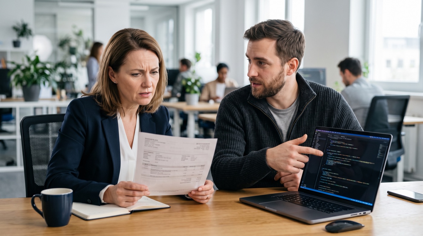 A business owner frowning at a quote while a developer explains the code on his laptop