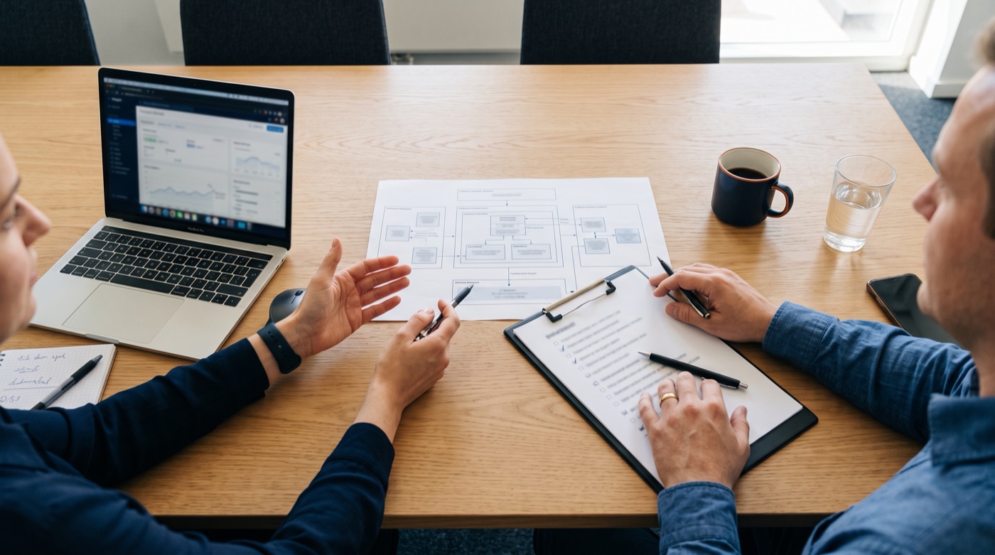 A meeting table with a diagram of system modules and a checklist as client and developer go through it point by point