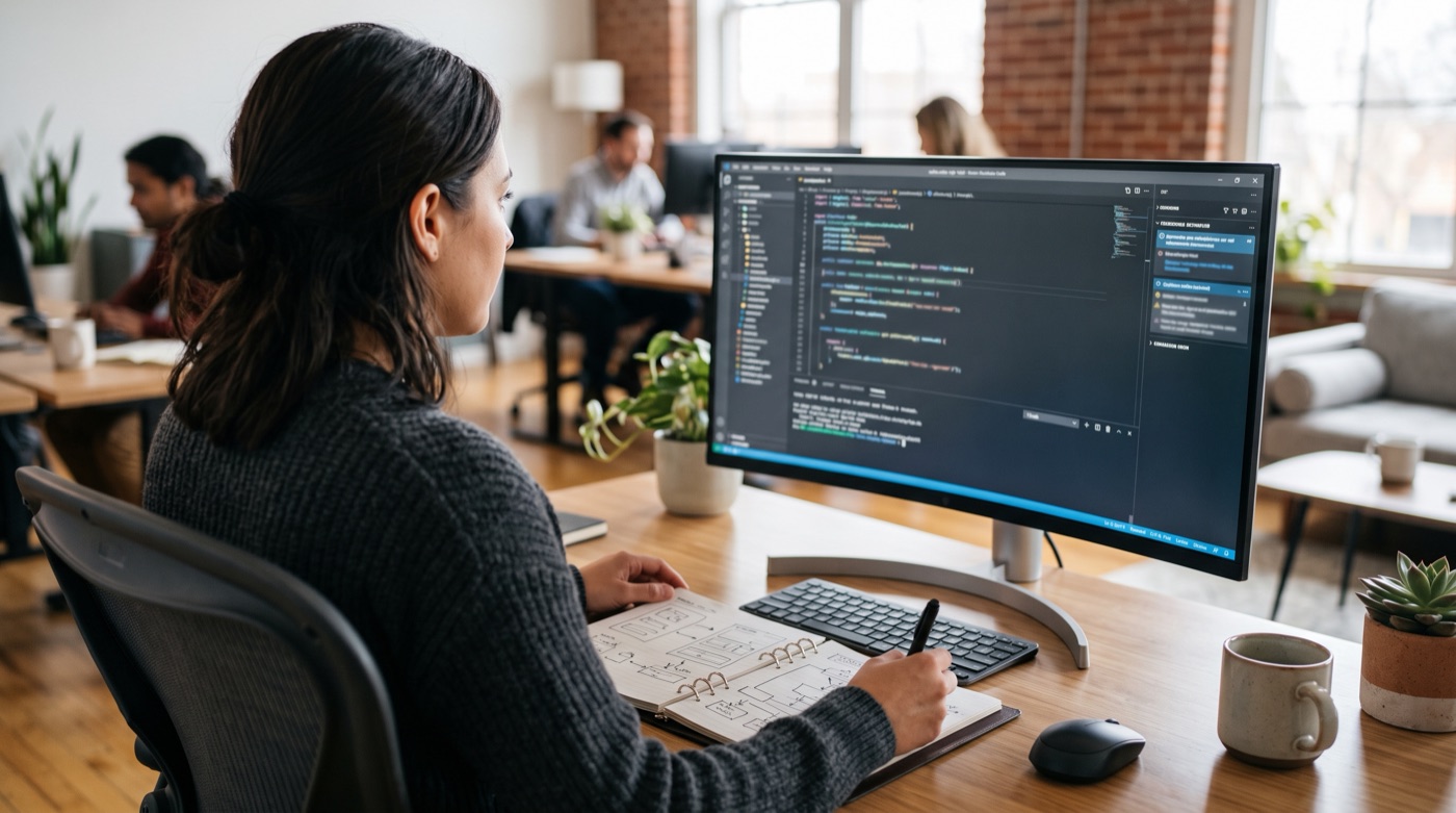 A developer reviewing code on a monitor while sketching the system's building blocks in a notebook