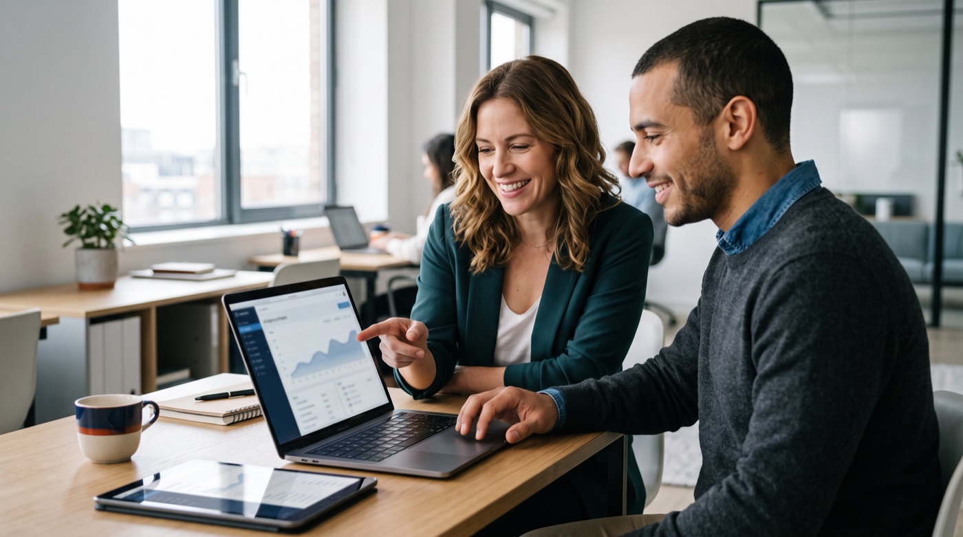 A business owner and a developer smiling at the updated company system on a laptop