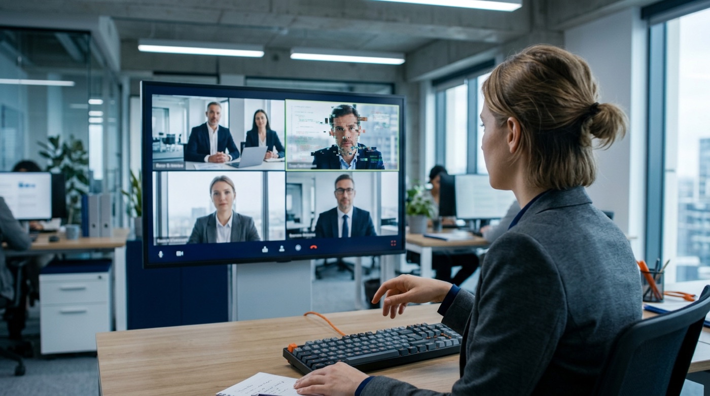 A finance employee hesitates during a video call as one executive face on screen shows a digital glitch