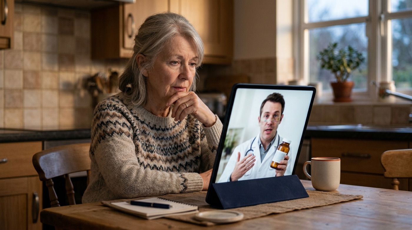 An older woman watches a tablet video of a doctor promoting a remedy, his face subtly unnatural