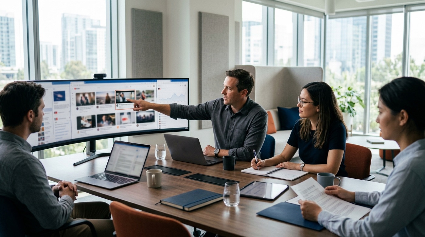 A brand protection team monitors short videos in a meeting room and points out a suspicious one