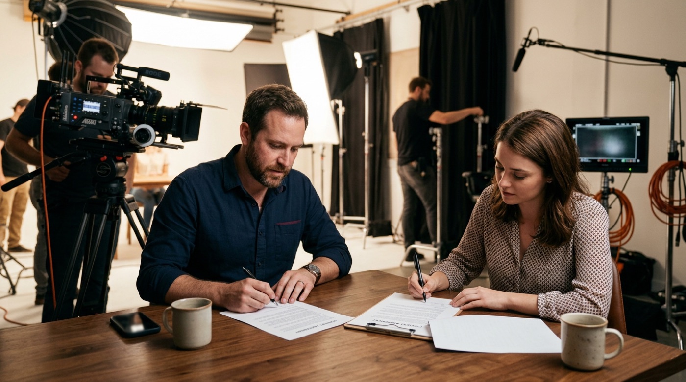 Before a shoot, a producer and an actress sign a likeness consent agreement in the studio