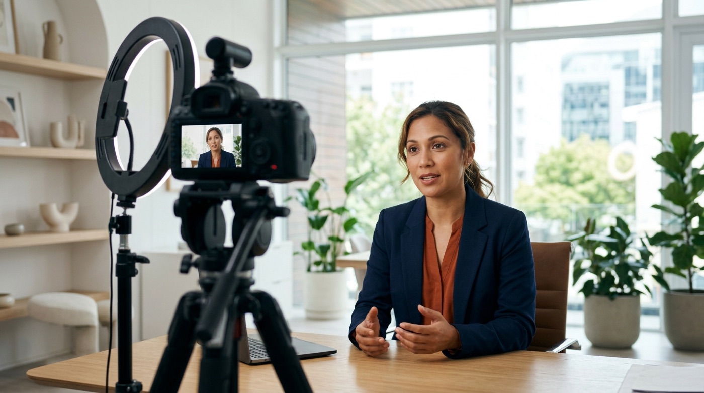 A founder records a sincere video message to camera in a bright office
