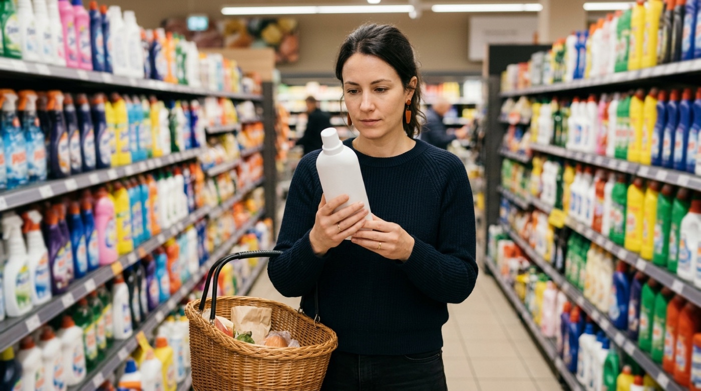 A shopper in a grocery aisle carefully checking a household product