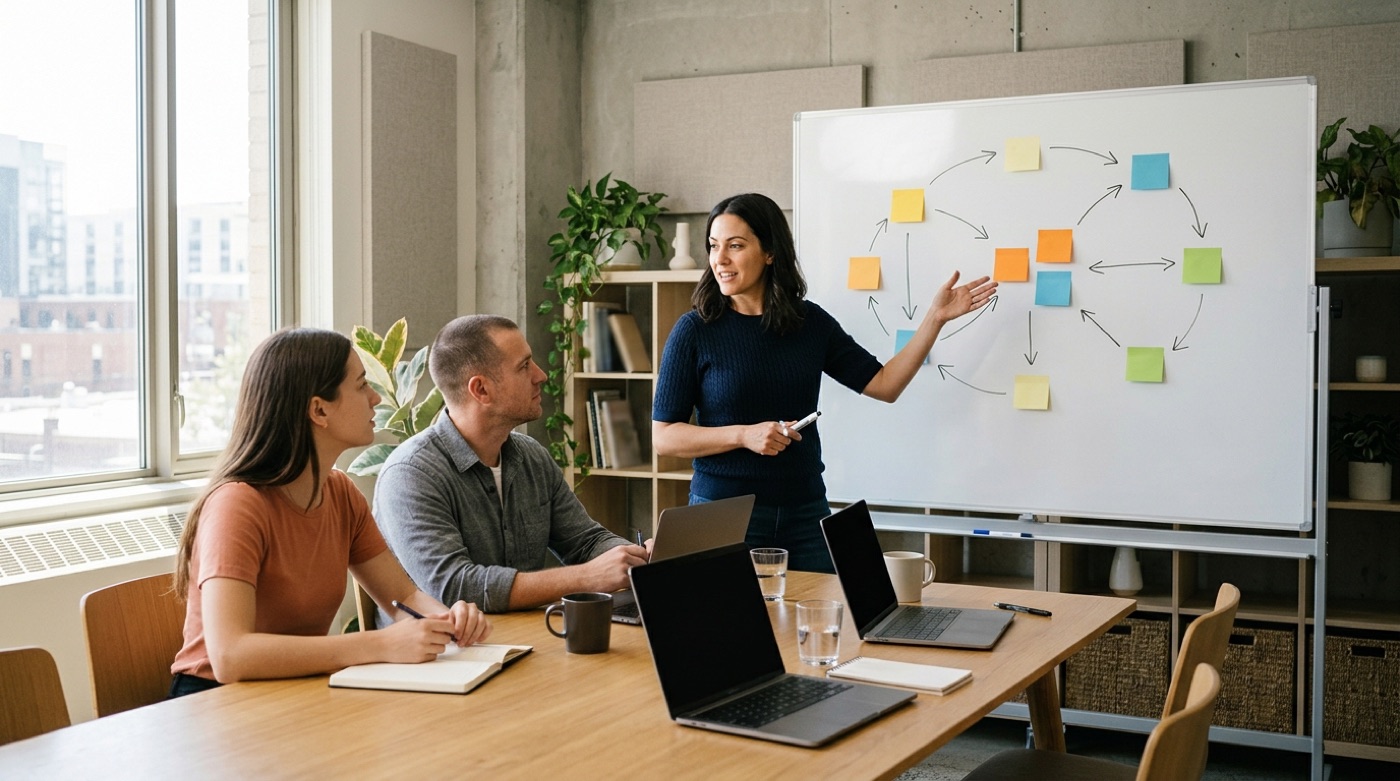 A marketing team discussing priorities at a whiteboard in a meeting room