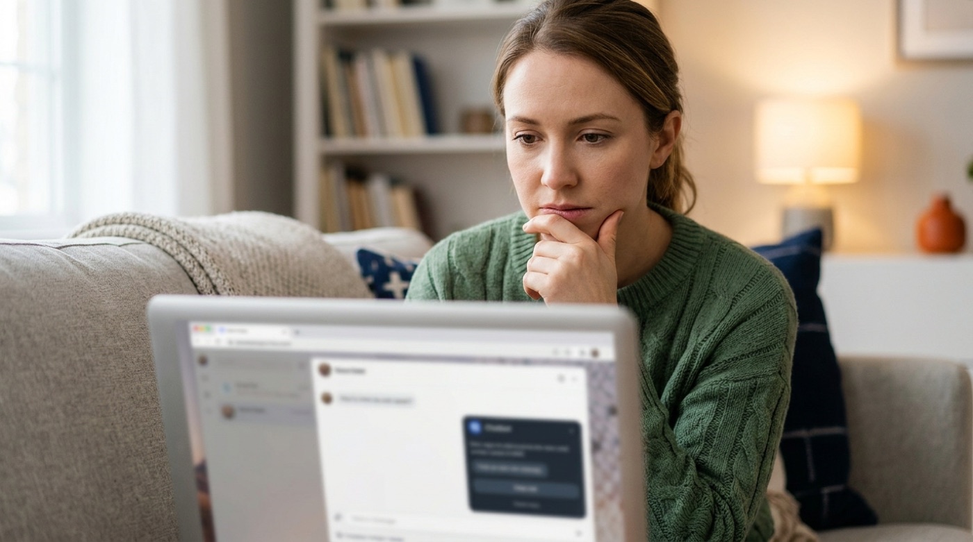 A woman at home looking hesitant at an AI chatbot window on her laptop