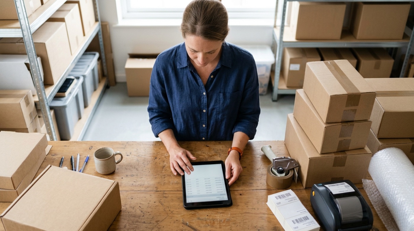 A small business owner checking orders and delivery dates on a tablet in a stockroom