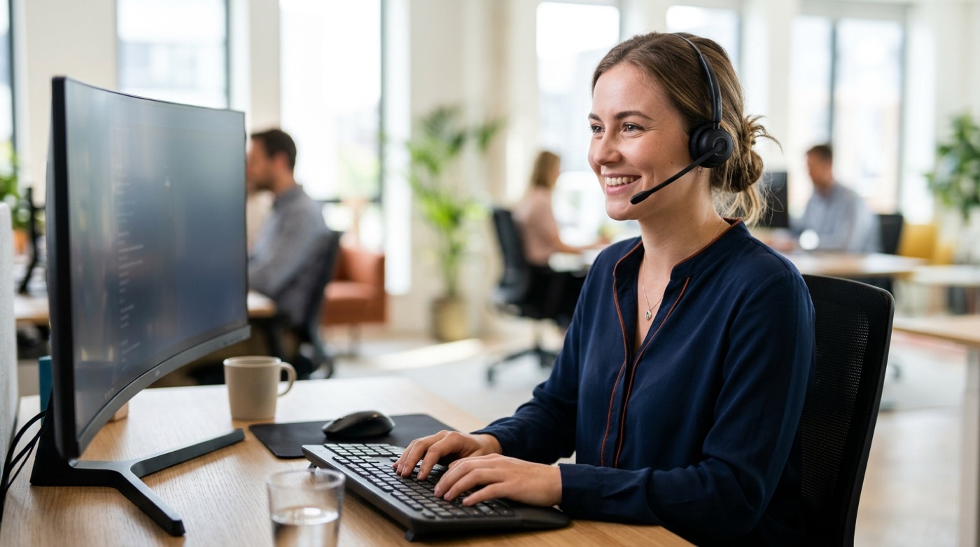 A smiling customer service representative helping a customer through a headset