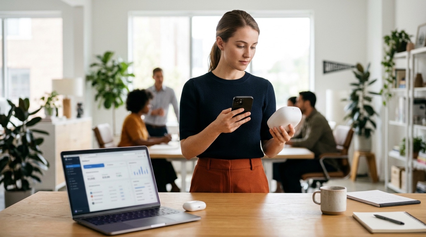 A product designer in a bright studio holds a smartphone and a small connected home device, checking how they work together